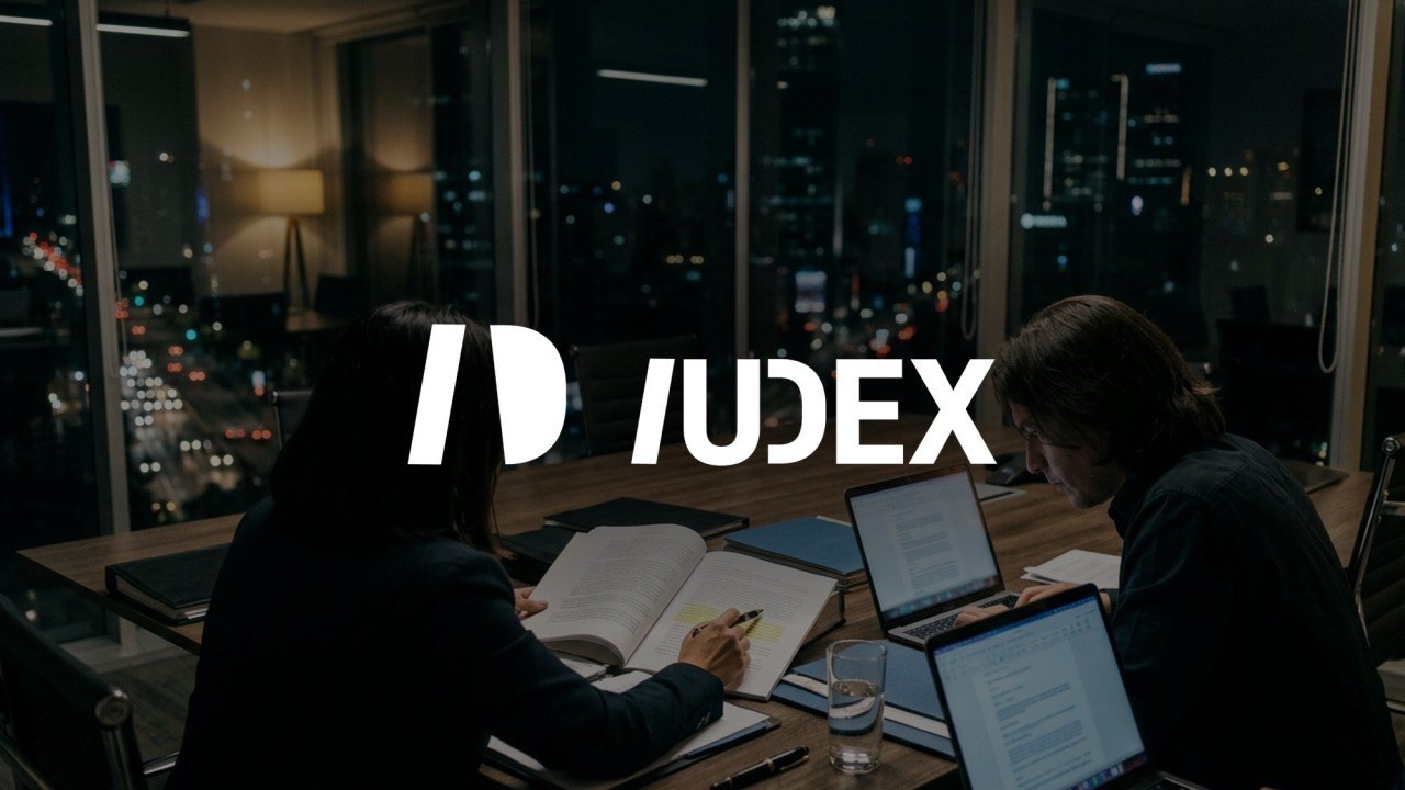 Dos abogadas trabajan de noche con libros y computadoras portátiles, con el logotipo de IUDEX