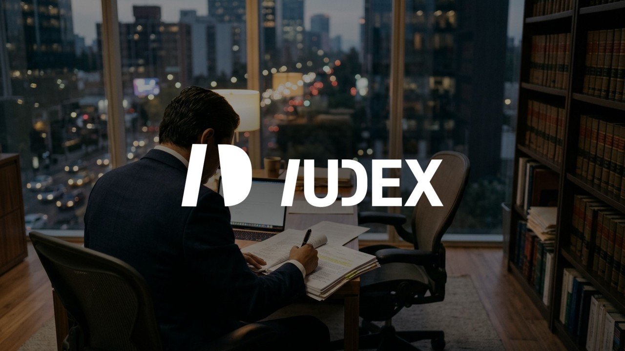 Un abogado revisa documentos frente a la ventana de su despacho, con el logotipo de IUDEX
