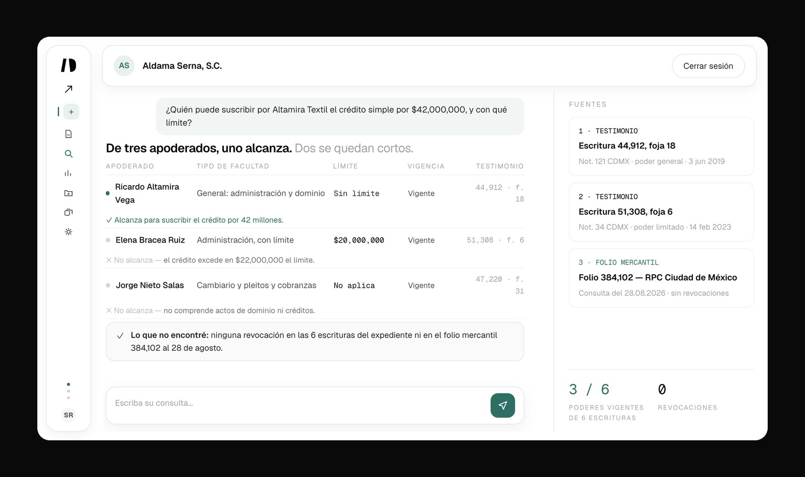 Chat de IUDEX comparando los tres apoderados de Altamira Textil: facultades, límite, vigencia y escritura con foja