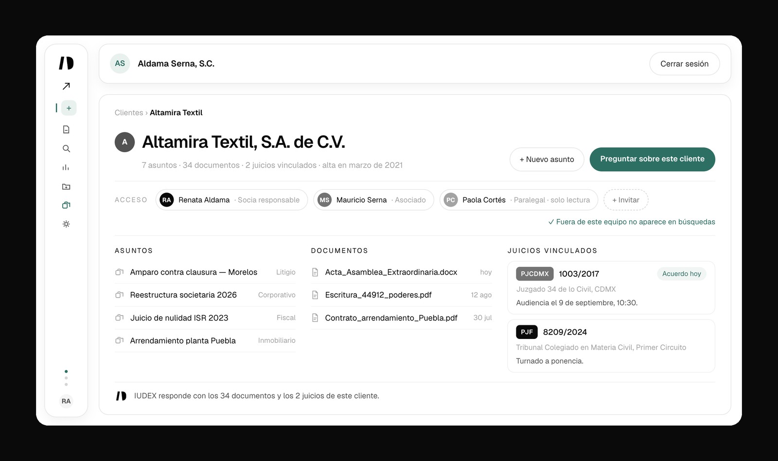 Carpeta del cliente Altamira Textil en IUDEX: siete asuntos, documentos, juicios vinculados y acceso por rol