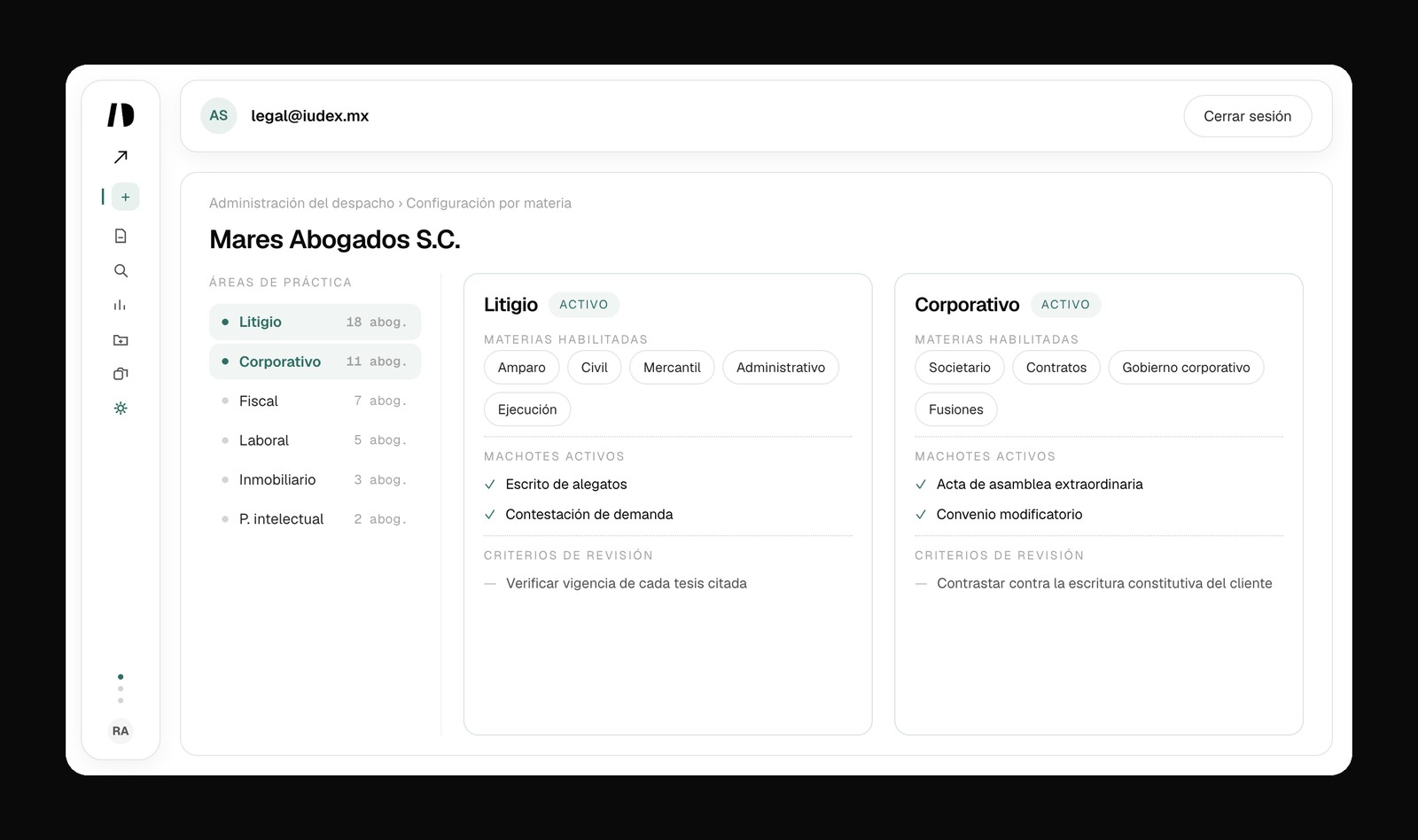 Configuración por materia en IUDEX: áreas de práctica del despacho con materias habilitadas, machotes activos y criterios de revisión