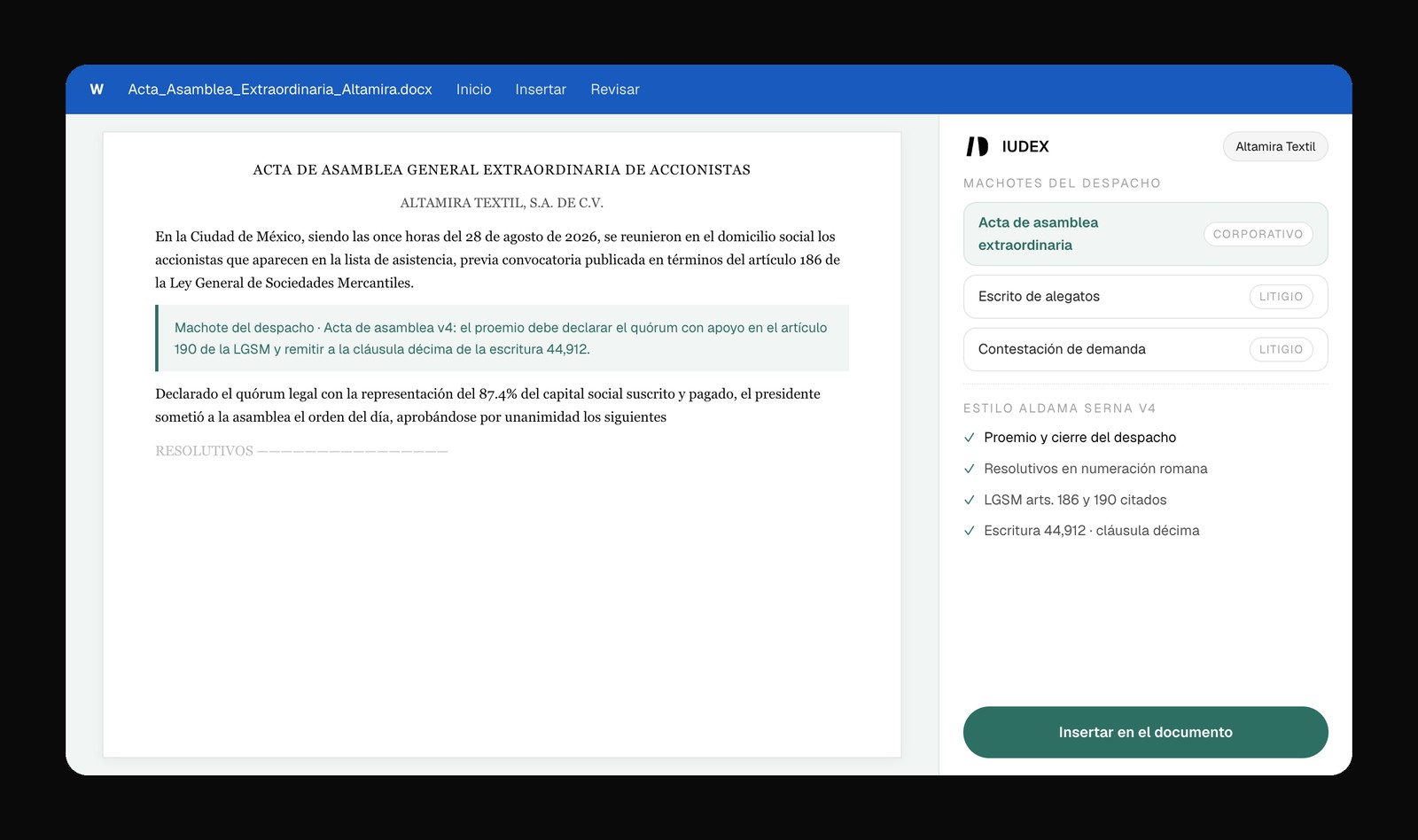 IUDEX dentro de Word redactando un acta de asamblea con el machote del despacho y su fundamento en la LGSM