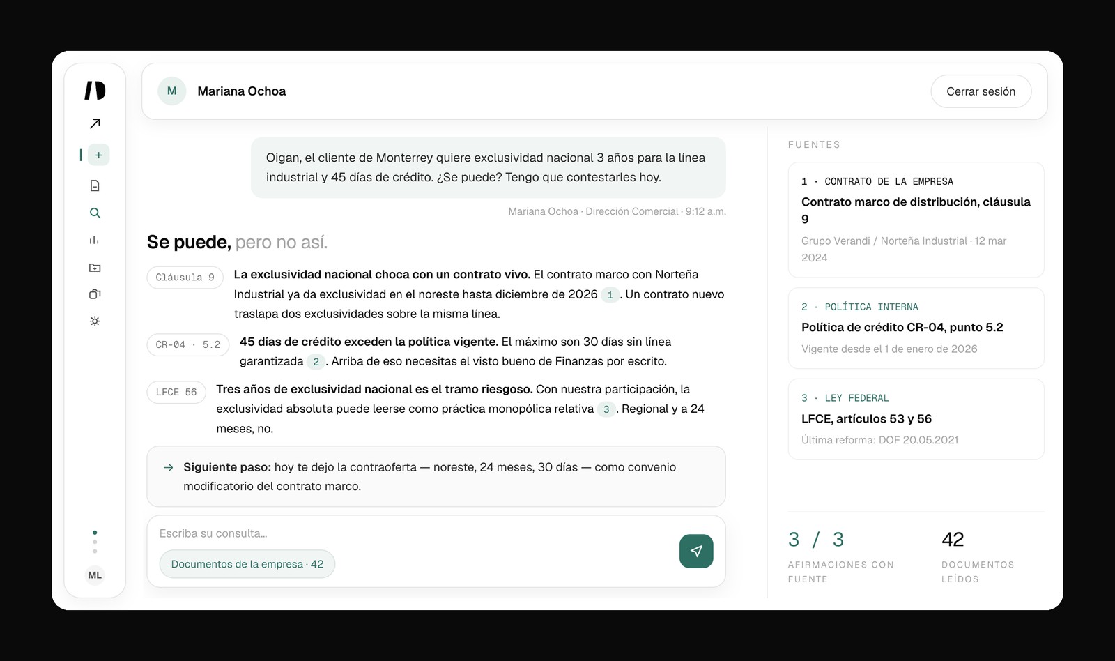 Chat de IUDEX respondiendo a una consulta de la dirección comercial sobre exclusividad y crédito, con fuentes en el contrato marco, la política de crédito y la LFCE