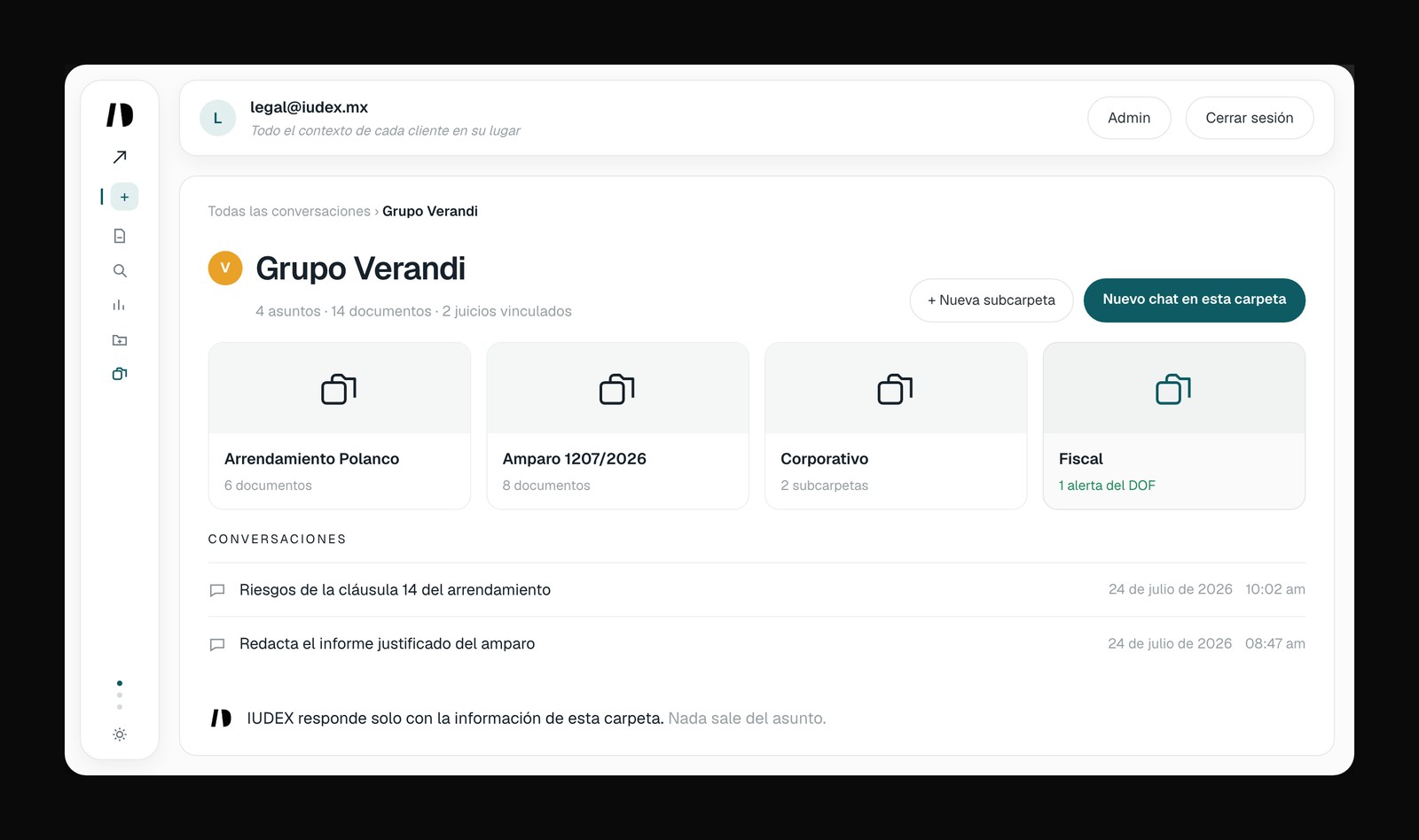 Carpeta de cliente en IUDEX con sus asuntos, documentos y conversaciones