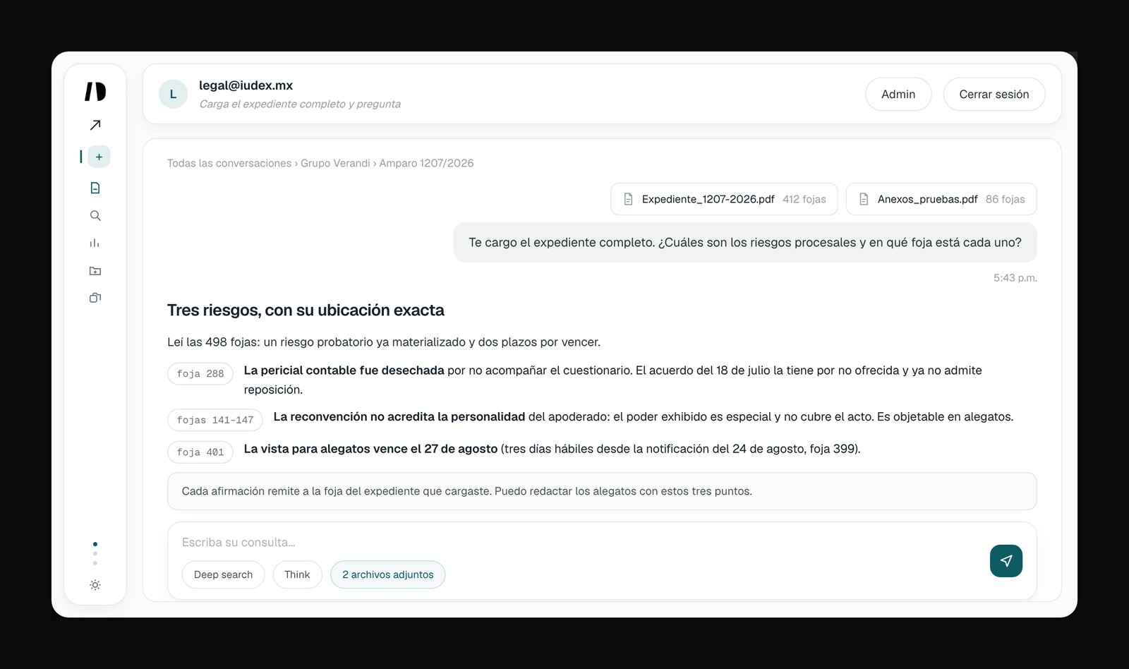 Análisis de expediente en IUDEX: tres riesgos procesales localizados con su foja exacta