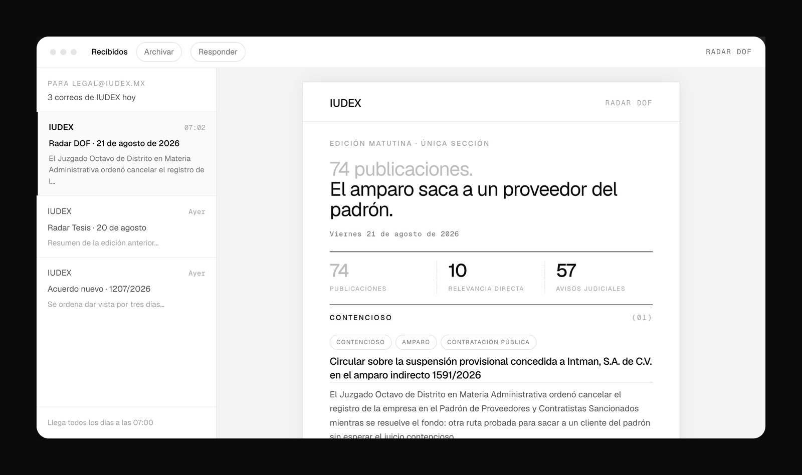 Correo Radar DOF de IUDEX con el resumen diario del Diario Oficial de la Federación