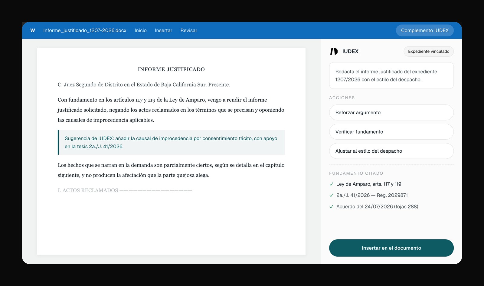 Complemento de IUDEX en Word redactando un informe justificado con fundamentos citados