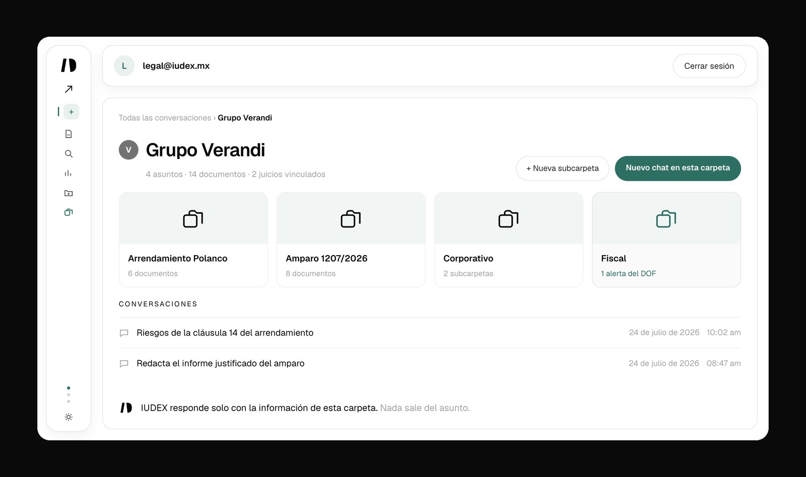 Carpeta de cliente en IUDEX: cuatro asuntos, catorce documentos, dos juicios vinculados y sus conversaciones
