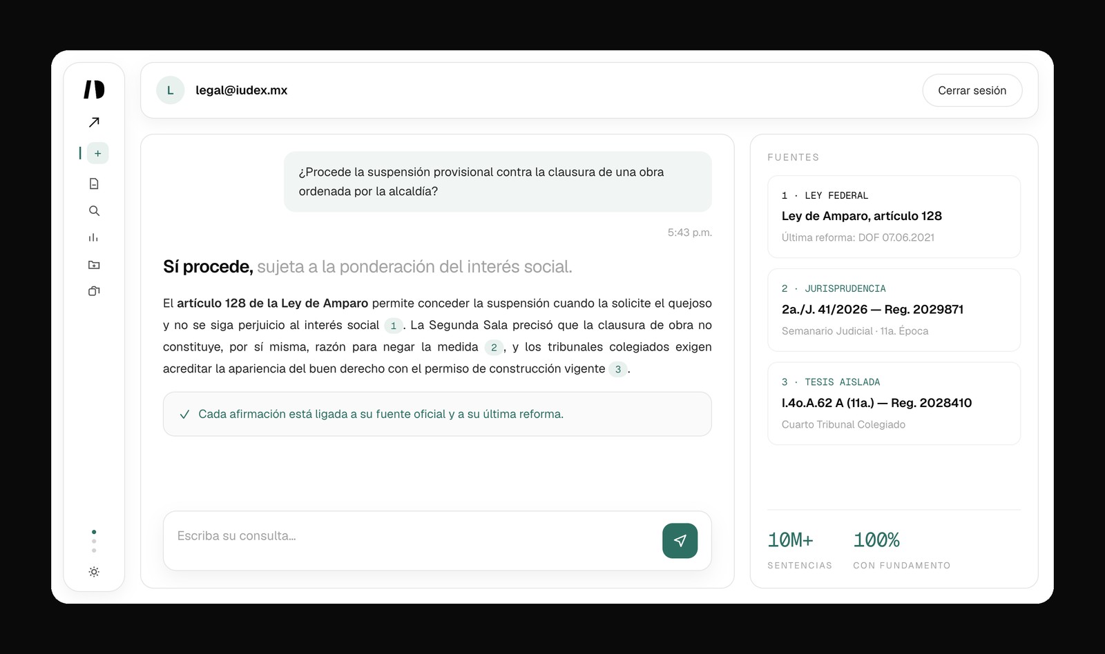 Consulta al corpus jurídico de IUDEX sobre suspensión provisional, con la respuesta anclada a la Ley de Amparo, una jurisprudencia y una tesis con registro