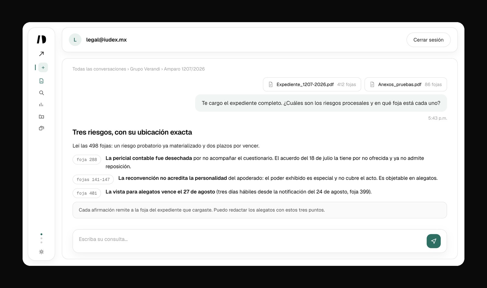 Análisis de expediente de 498 fojas en IUDEX: tres riesgos procesales localizados con su foja exacta