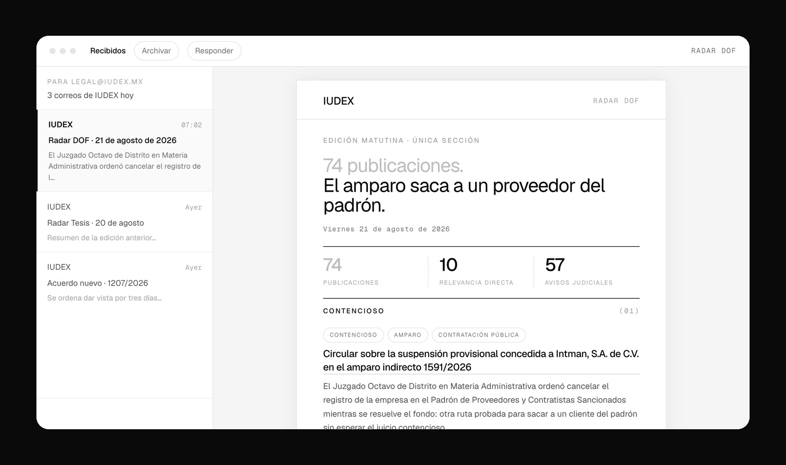 Correo Radar DOF de IUDEX: 74 publicaciones del Diario Oficial resumidas y filtradas por materia