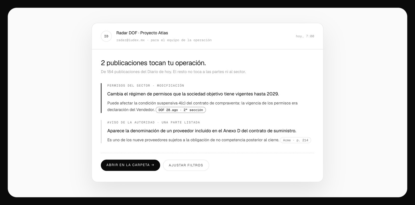 Correo Radar DOF de IUDEX para el Proyecto Atlas: dos publicaciones de 184 que tocan la operación