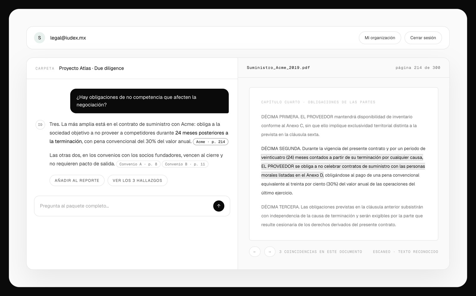 Respuesta de IUDEX sobre obligaciones de no competencia con el contrato de suministro abierto en la página 214